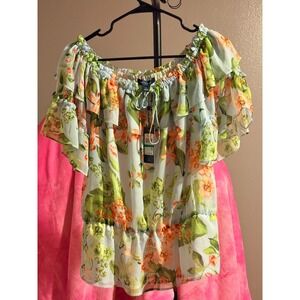 Tommy Hilfiger Blue Floral BOHO Peasant Blouse Sz L